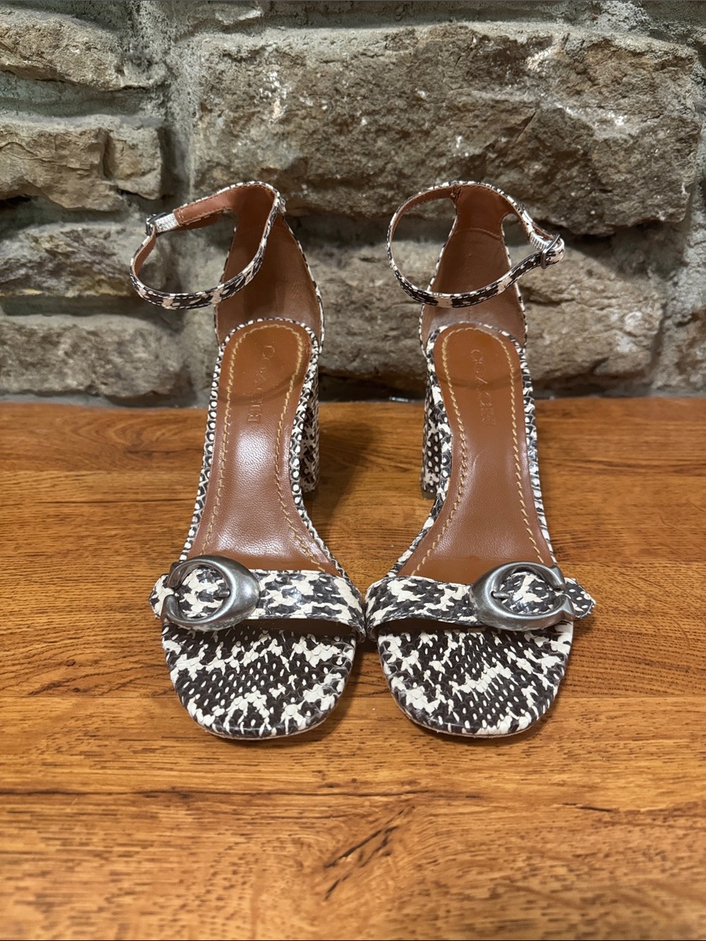 Coach Brown & White Snake-Print Ankle-Strap Block Heels